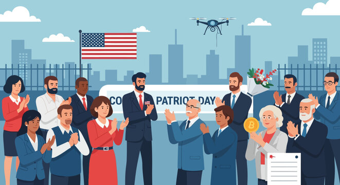 Diverse citizens collectively applauding heroes during a celebratory public event