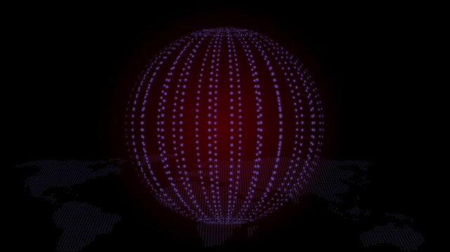 Dotted globe made of vertical dotted lines hovering above a dark world map background animation