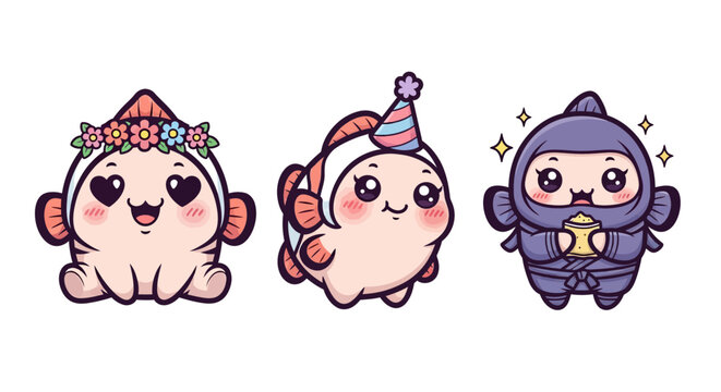 Cute Cartoon Characters in Festive and Ninja Outfits.