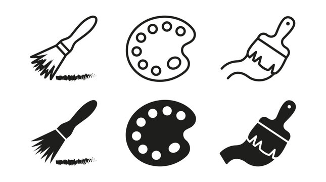 Artist painting tool icon set with paintbrush and color palette in black and white styles painting creative equipment