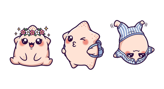 Cute Cartoon Bread Characters with Different Expressions.