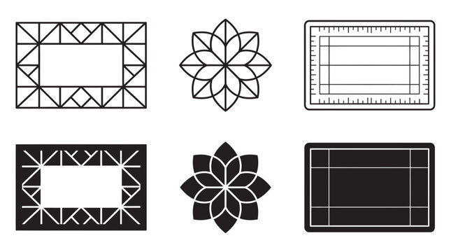 Geometric framing borders symmetrical flower motif technical measuring grid icons with geometric measurement rectangle
