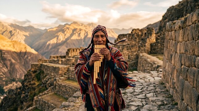 Peruvian Pan Flute Musician at Ancient Mountain Ruins During Golden Hour