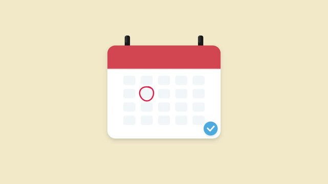 Flat design animated calendar icon featuring dates appearing, a red circle highlighting a specific event day, and a blue completed checkmark. Perfect for schedule and planning videos