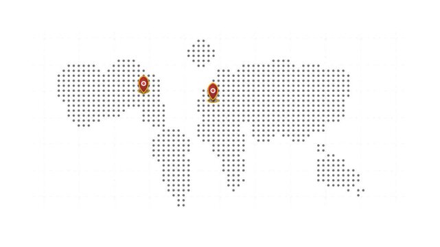 Minimalist flat design animated world map made of dots with red location pin pointers popping up across continents. Perfect for global business logistics and travel navigation videos.