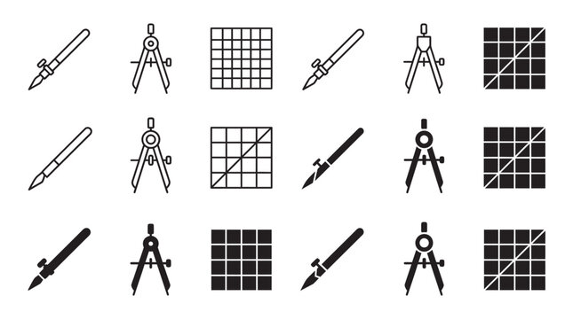 Graphic icon set including drafting pens, compass tools, and square grids for architectural design and engineering