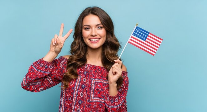 Celebrating independence day in the usa smiling woman with american flag on 4th of july