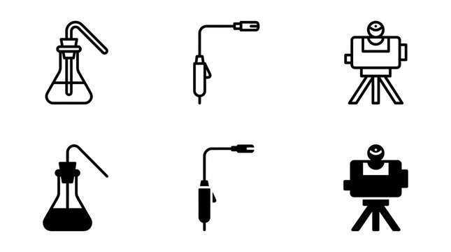 Scientific laboratory equipment and measuring tools icon set with laboratory chemistry research experiment equipment