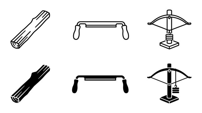 Set of woodworking tools and materials icons in outline and silhouette styles with woodworking carpentry crossbow