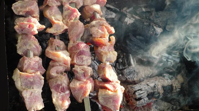 Raw meat pieces on skewers grilling over hot charcoals in a mangal, top view. Cooking process of juicy pork shish kebab with aromatic smoke during a picnic