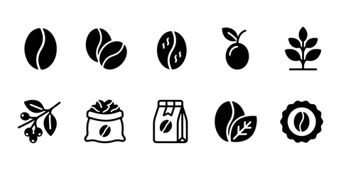 Coffee bean icon set solid black roasted steam branch berry sack sealed bag leaf and badge for cafe UI © Bodrunahar