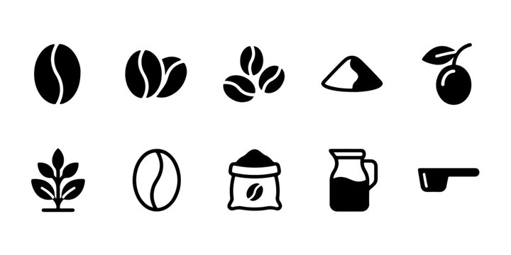 Coffee bean icon set solid black ground powder cherry plant carafe sack and spoon for cafe app UI