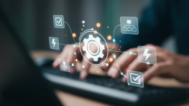 Workflow Automation Concept: Floating Holographic Gear Icon Connected to Digital Process Checklists and Task Blocks above Blurred Hands Typing