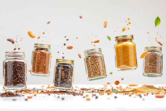 Floating jars filled with spices, scattering ingredients, against a white backdrop