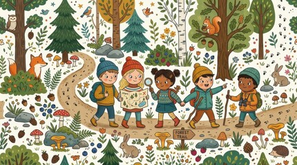 Fototapeta premium Diverse children explore a vibrant forest trail, looking at a map and nature details