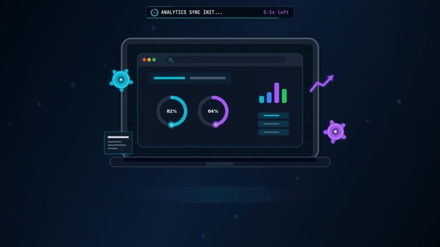 Futuristic neon analytics dashboard animating on a laptop screen with data graphs, circular loading percentages, and live telemetry matrix sync indicators. Ideal for tech videos.