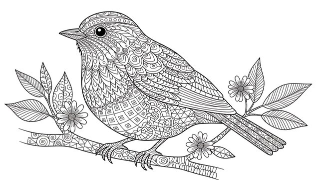 Intricate Zentangle Bird Perched on a Branch with Flowers.