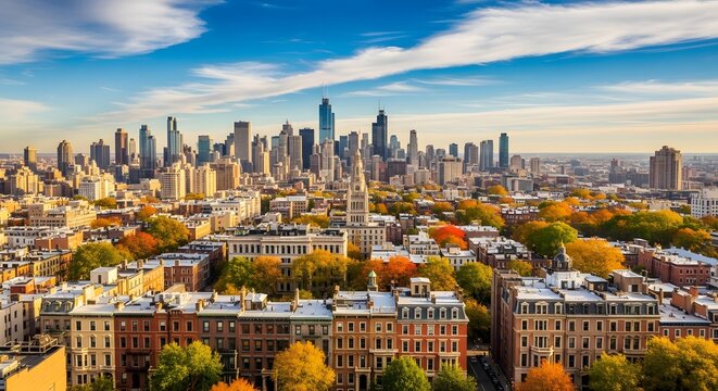 Chicago skyline aerial view in autumn with colorful trees and historic buildings