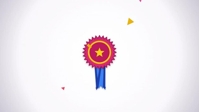 Flat design animated gold star merit award medal badge with a blue ribbon popping up amidst colorful exploding confetti particles. Ideal for success achievements and victory celebrations