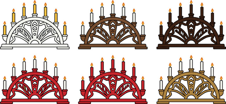 Traditional Christmas candle bridge collection with festive wooden candelabras holiday decorations and glowing candles