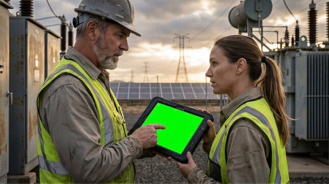 Engineers analyzing smart grid load balancing data on rugged tablet at renewable energy solar farm substation