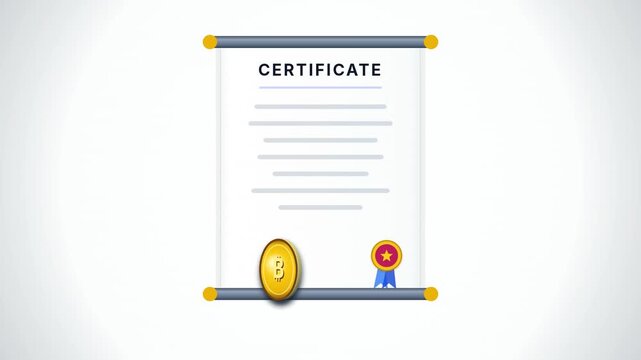 Flat design motion graphics animation of an unfolding official paper scroll certificate with a red merit stamp and a spinning gold Bitcoin crypto coin. Ideal for digital finance videos.