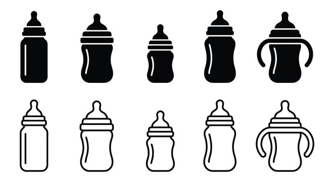 Baby Bottles Black And White Line Art Silhouette Set