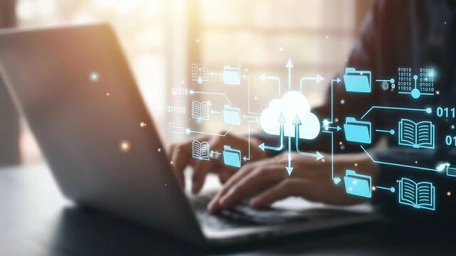 Cloud Intelligence and Data Storage Concept: Floating Holographic White Cloud, Folders, and Binary Nodes above Blurred Laptop