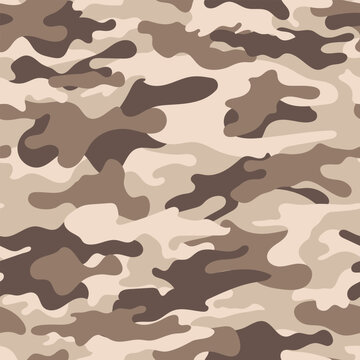 Classic Military Woodland Camo Background, Vintage Muted Tan and Sand Tactical Camouflage Seamless Pattern Vector