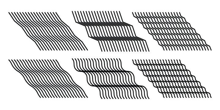 Abstract Black and White Parallel Line Patterns Featuring Wavy, Zigzag, and Geometric Stepped Designs for Modern Graphic Textures.