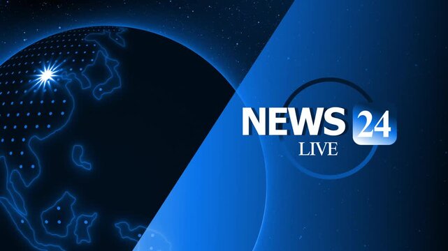 Stylized news broadcast graphic with globe and news 24 live logo animation