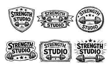 Fototapeta premium Strength studio emblem collection featuring hand-drawn vintage style designs with barbells, stars, and text, perfect for fitness branding, gym logos, and workout merchandise