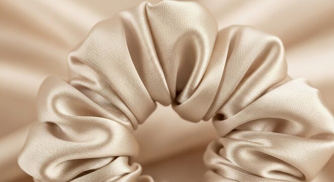 Soft Beige Satin Scrunchie Resting on Matching Fabric Background