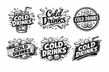 Obraz premium Cold drinks design collection featuring hand drawn vintage liquid splashes, fresh ice cubes, and refreshing beverages for summer season labels and advertisements