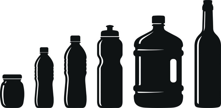 Bottle silhouette collection featuring jars beverage containers water jugs and packaging shapes isolated vector set