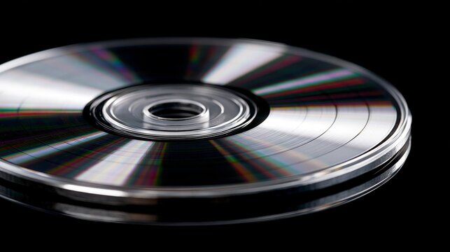 compact disc on black background with reflective iridescent surface