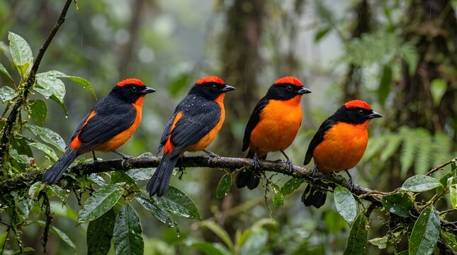 Crimson rumped toucanets perched on branch in lush rainforest habitat