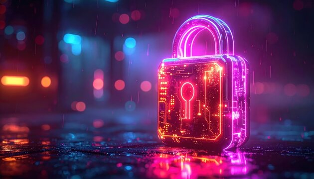Cybersecurity padlock glowing with neon lights in a futuristic city.