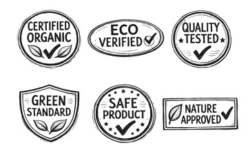 Fototapeta premium Drawing eco-friendly labels, organic product stamps, and nature approved badges, creating a set of certified quality tested and green standard verified symbols