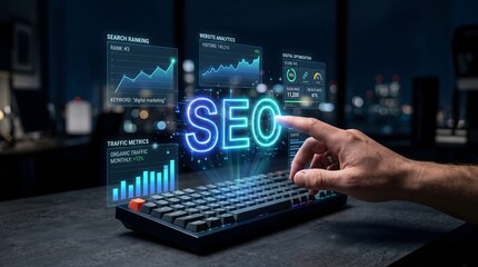 Fototapeta premium Hand interacting with glowing SEO interface and analytics charts