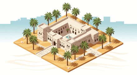 Obraz premium Ancient Desert Palace with Palm Trees Isometric Illustration