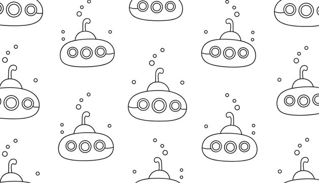Submarine seamless line art pattern showing cartoon submersibles under water with small rising oxygen bubbles.