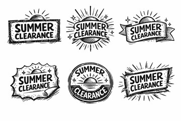 Fototapeta premium Summer clearance sale tags collection showcasing hand-drawn vintage style labels and badges, perfect for seasonal promotions, sun symbols, and retro discount offers