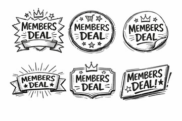 Obraz premium Hand-drawn members deal stickers and badges set, presenting exclusive offers, discount promotions, and loyalty program benefits for valued customers