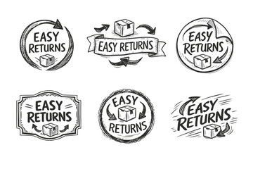 Fototapeta premium Hand drawn sketchy labels depicting easy returns service, featuring cardboard boxes and arrows in various vintage designs for hassle-free online shopping and delivery