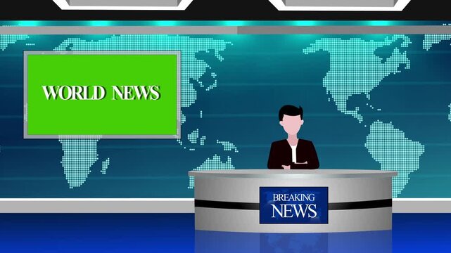 Television news studio set with anchor at desk, world map digital backdrop and world news screen background animation