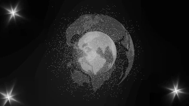 Glowing digital globe formed from dots and lines lens flares in corners background animation