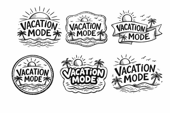 Hand drawing vacation mode badges and labels with doodle elements, capturing summer, travel, relaxation, and tropical holiday concepts