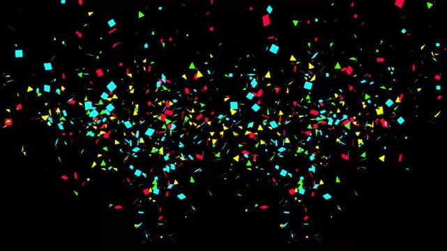 Colorful abstract geometric triangle confetti flying upward in symmetrical arch shape on isolated black background