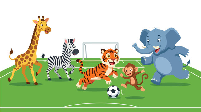 Animals play soccer on a green field with a goal.
